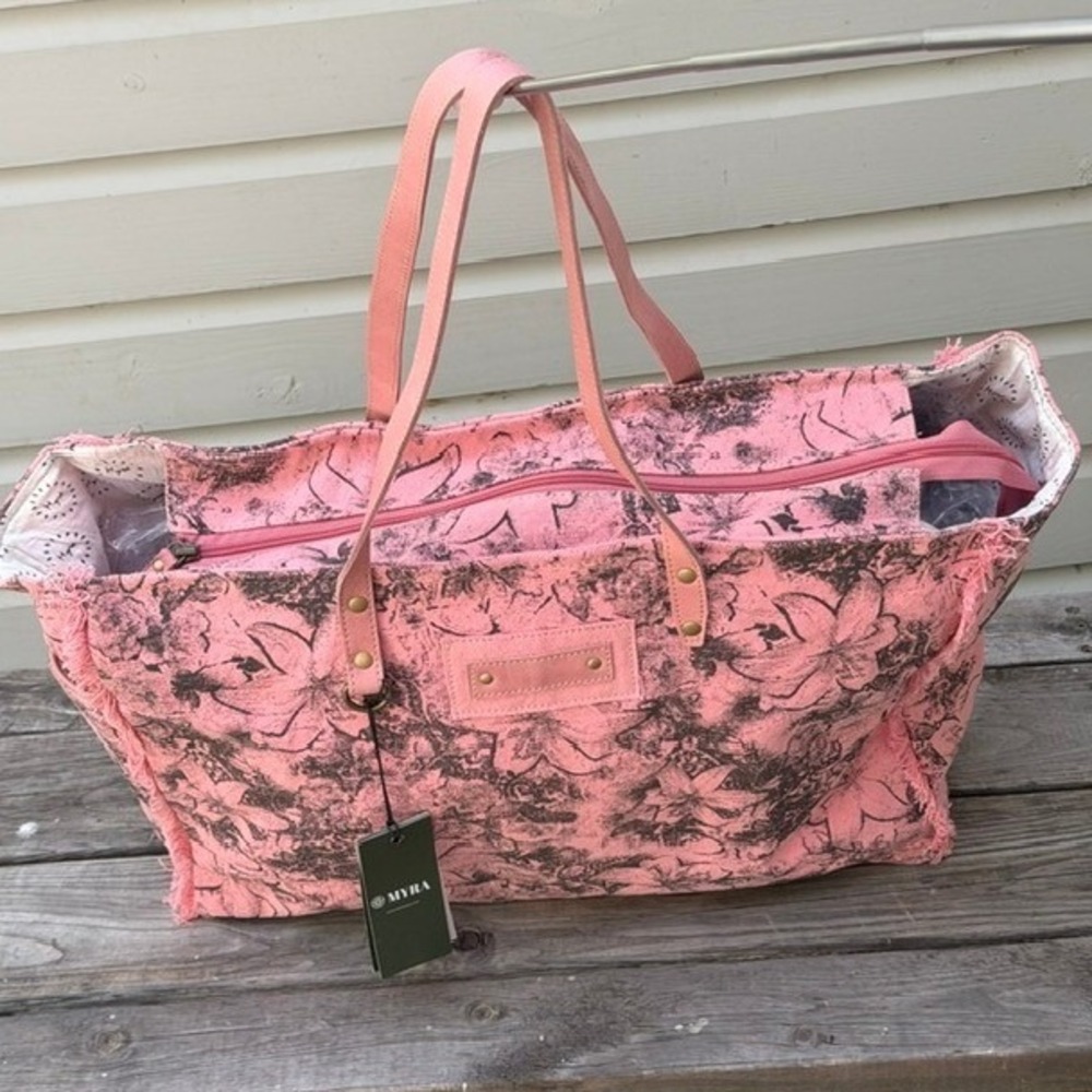 Myra Bag Pink Floral Canvas Tote Bag Leather Straps NWT Boho Weekender Large